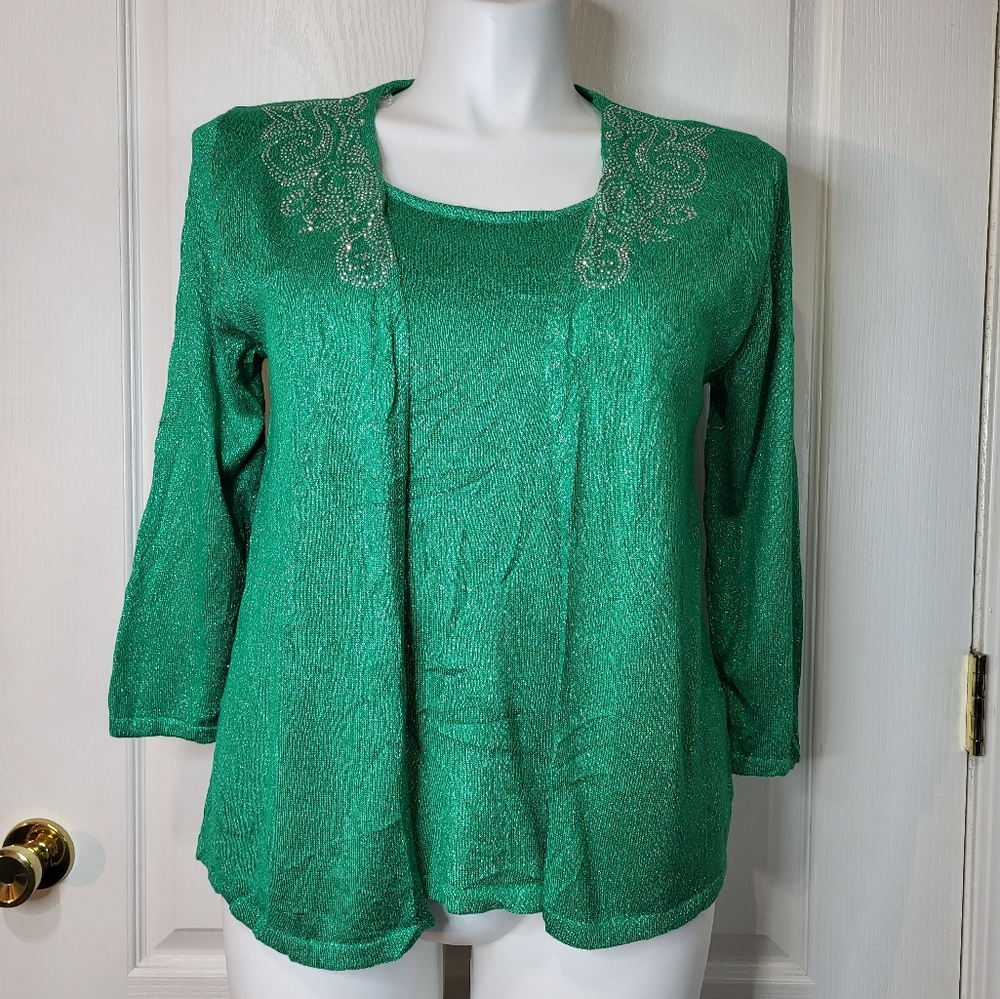 Ruby Rd. Green Silver Metallic Embellish Glitzy knit Sweater